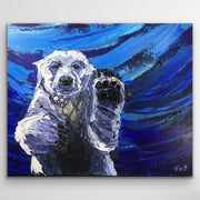 Painting of a polar bear cub against a blue abstract background