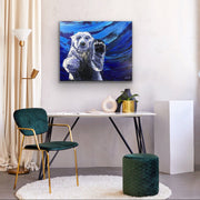 Modern interior with a painting of two dogs on the wall, a table with decor items, and a chair.