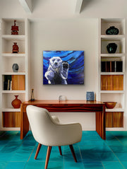 Modern office with a desk, chair, and wall art of a bear.