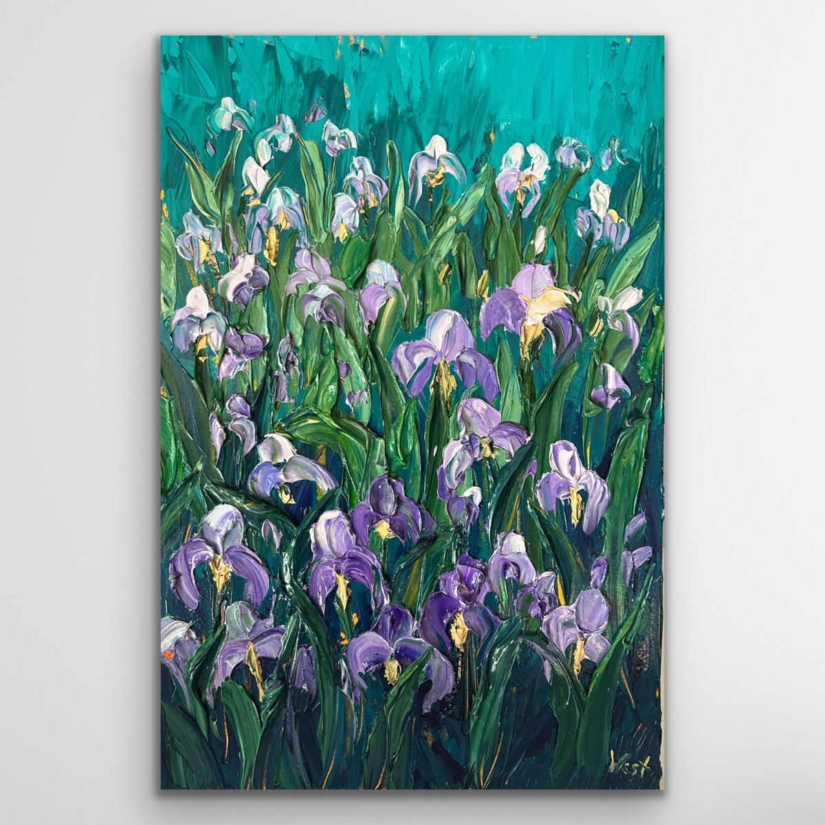 Palette knife impasto painting of purple and white irises with green leaves on a teal background
