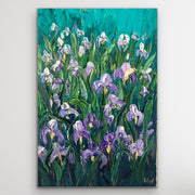 Palette knife impasto painting of purple and white irises with green leaves on a teal background