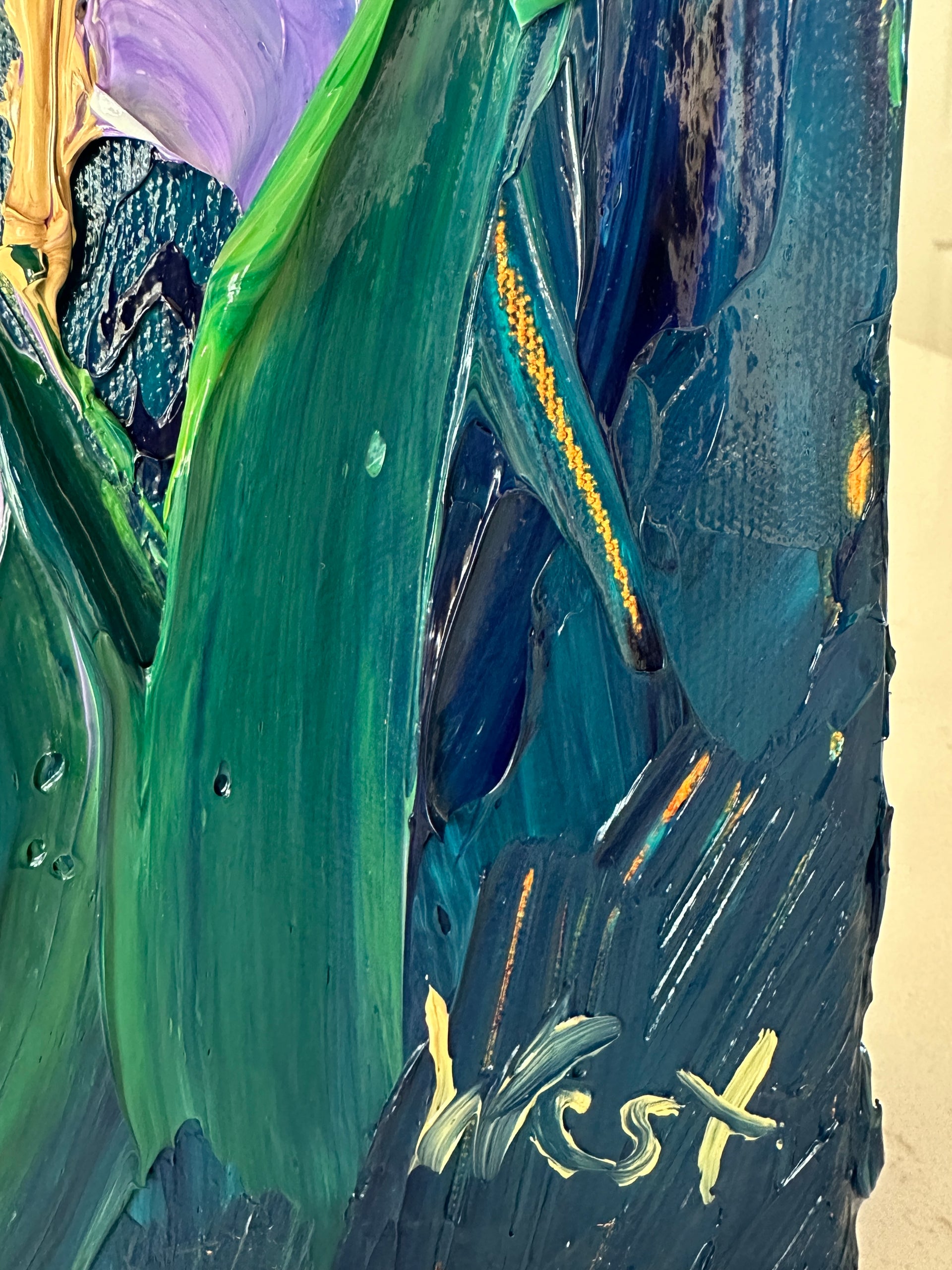 Close-up of a palette knife impasto painting with green, blue, and purple colors, featuring the Sharon West's signature.