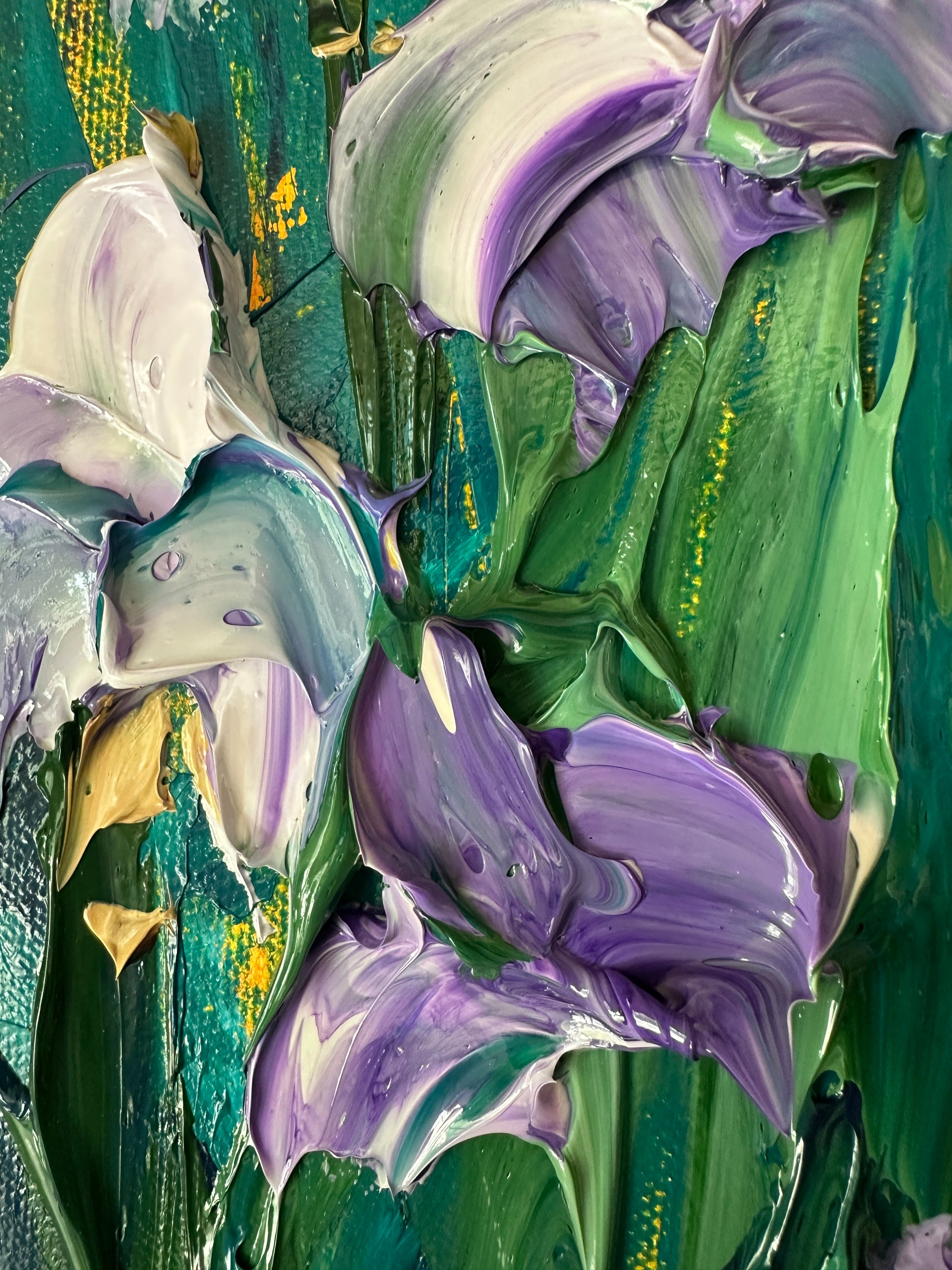 Close-up of a palette knife impasto textured surface with green, purple, and white colors.