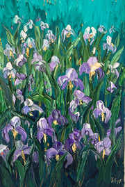 Palette knife impasto painting of purple irises with green leaves on a teal background