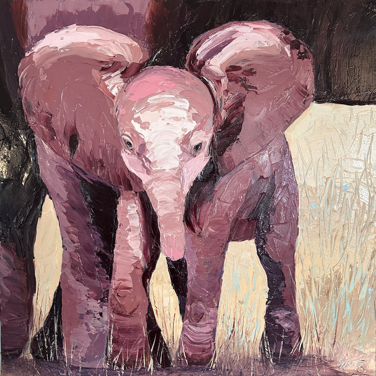 Painting of two elephants walking together on a textured background