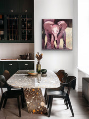 Dining room with a marble table and black chairs, featuring a painting of two elephants on the wall.