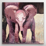 Painting of a baby elephant and family walking together with a textured background