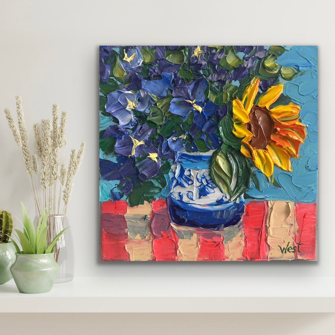 Impasto painting of Sunflowers and blue flowers in a ginger jar vase by Sharon West Fine Art
