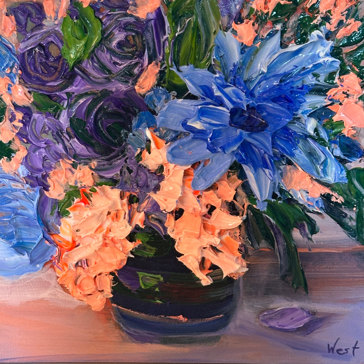 Palette knife art of a bouquet with blue, purple, and peach flowers in a vase.