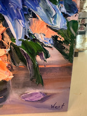 detail of palette knife painting with visible brushstrokes on a wooden panel