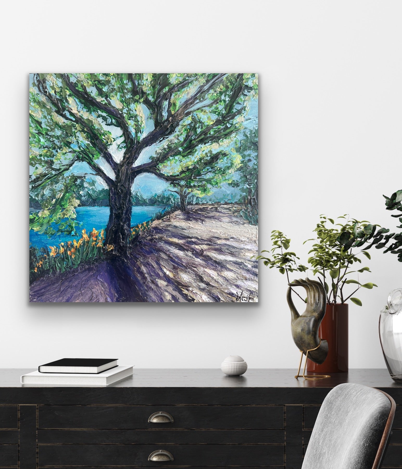 Impasto painting of a tree and shadows