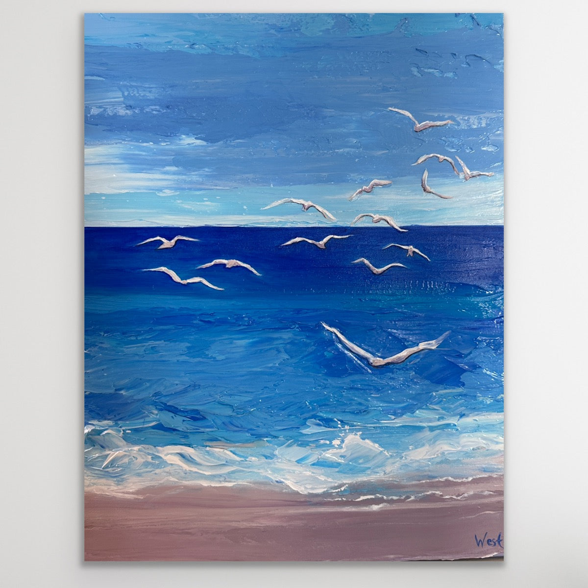 Impasto palette knife painting of a beach scene with blue ocean, white birds, and a clear sky.