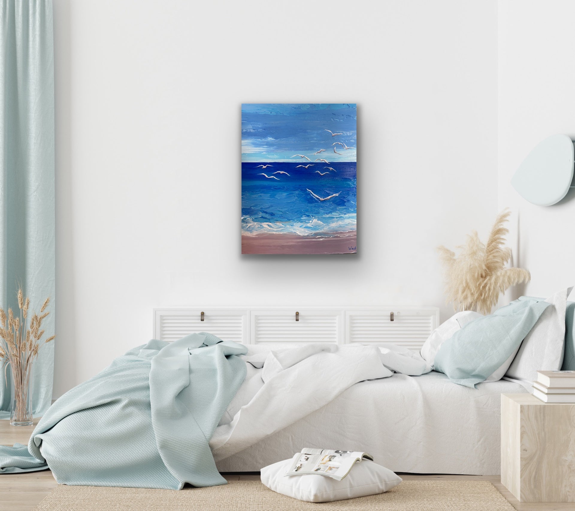 Bedroom with a palette knife impasto seascape painting on the wall