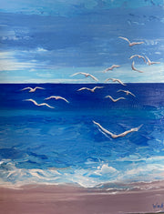 Impasto palette knife painting of seagulls over a blue ocean and sky